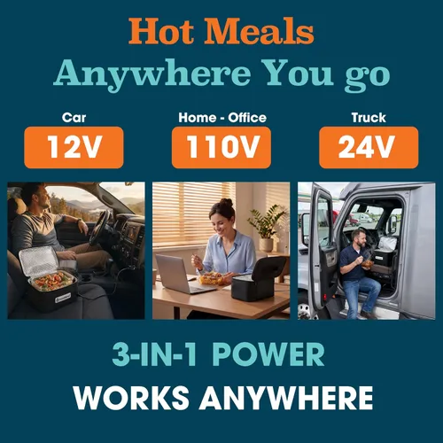 Vista 5 de TRAVELISIMO Microondas portátil, calentador de alimentos portátil para uso en el trabajo y el hogar, caja de almuerzo con calefacción 12V/24V/110V