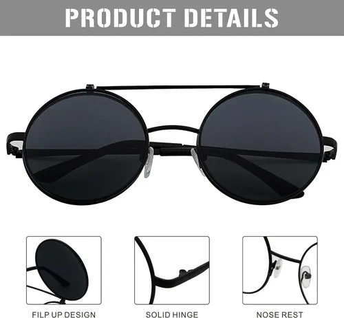Vista 4 de J&L Glasses Gafas de sol redondas retro abatibles Seampunk