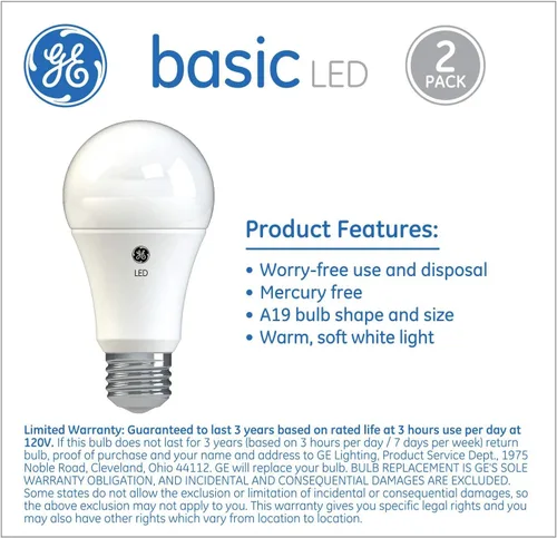 Vista 5 de GE Bombillas LED básicas, 100 vatios, blanco suave, A19, base mediana (paquete de 2)