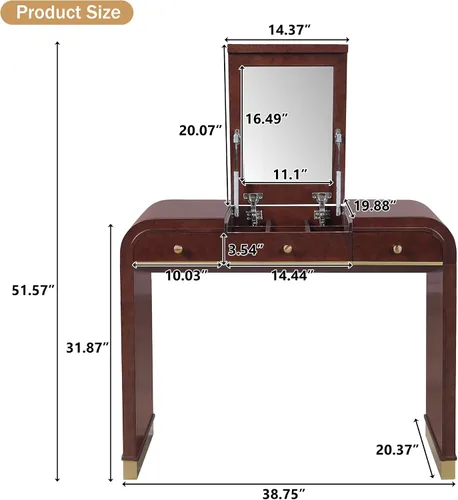 Vista 2 de JIJIWANG 3-in-1 Dressing Table with Flip Mirror,Classic Wood Vanity Desk with 2 Drawers and Storage Space for Bedroom,Espresso