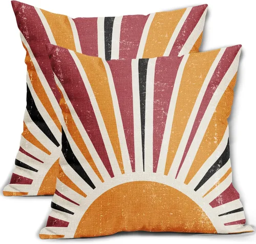 Vista 8 de Juego de 2 fundas de almohada verdes bohemias de 16 x 16 pulgadas, diseño bohemio, amanecer, puesta de sol, estampado abstracto de sol, fundas
