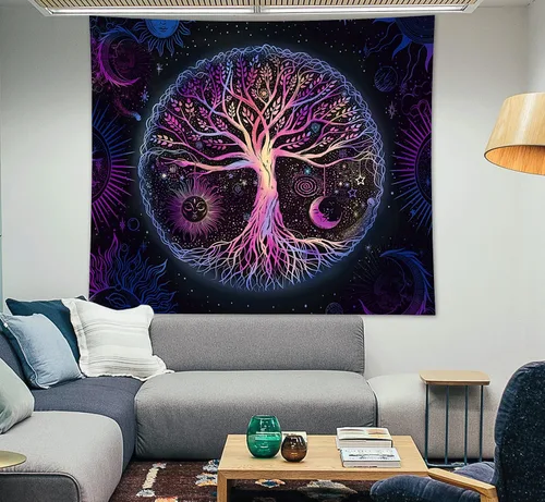 Vista 3 de FORATER Tapiz Colgante de Pared del Árbol de la Vida Colorido Tapices del Árbol de la Vida Estético Tapiz de Pared de Sol y Luna Galaxia