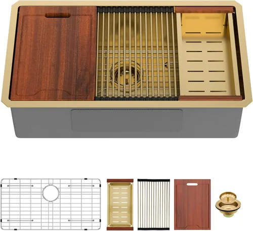Vista 32 de Mocoloo Fregadero de cocina dorado 33 – Fregaderos de cocina empotrados de 33 x 19 pulgadas, estación de trabajo, fregadero dorado, fregadero