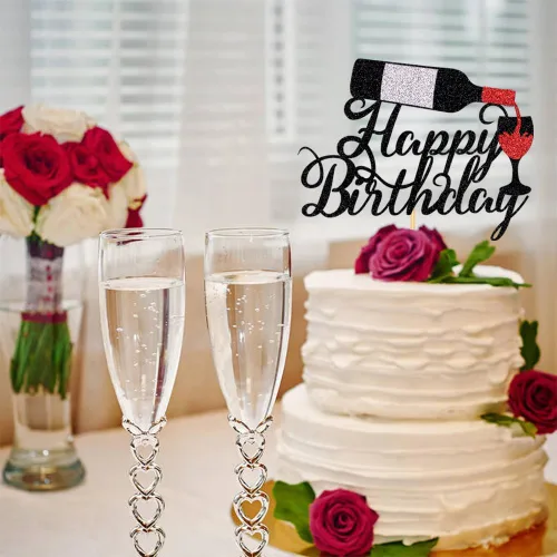 Vista 7 de Decoración para pastel de cumpleaños con texto en inglés «Happy Birthday» de vino tinto para celebrar suministros de fiesta de cumpleaños