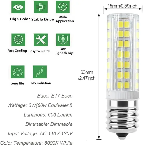 Vista 3 de Bombillas LED E17 de 6 W para microondas, reemplaza la bombilla halógena de 125 V 40 W para Whirlpool GE sobre la estufa, campana extractora