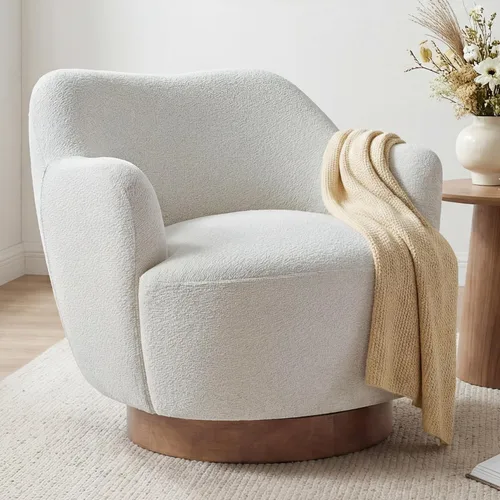 Vista 18 de Silla giratoria decorativa, silla tapizada de barril con diseño de respaldo de camello curvas, moderna silla con brazo con base de madera para sala