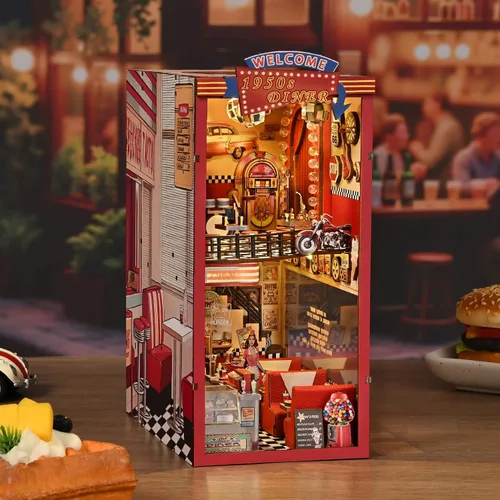 Vista 9 de fifijoy Kit de rincón de libros, casa de muñecas en miniatura para adultos y adolescentes, rompecabezas de madera 3D con luz LED, decoración retro