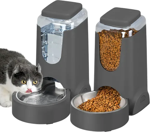 Vista 9 de Paquete de 2 alimentadores automáticos para gatos y dispensador de agua de acero inoxidable, juego de bebedero para perros por gravedad, juego