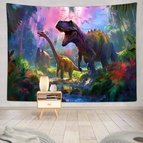 Vista 3 de Tapiz decorativo de dinosaurio para dormitorio de niños, genial animal antiguo T-Rex Forest Art Tapices para colgar en la pared, póster