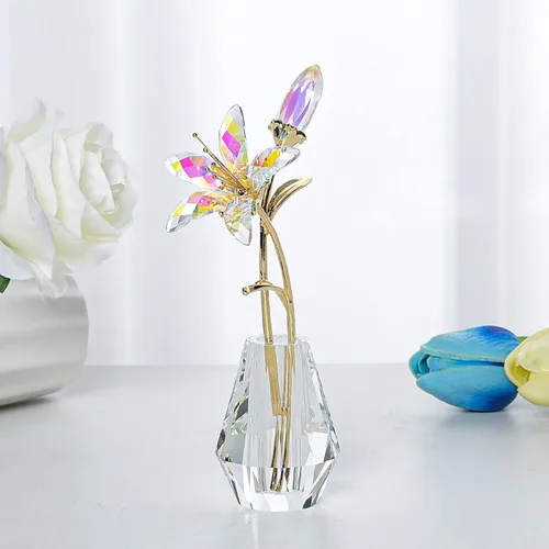 Vista 2 de LONGWIN Flores artificiales de lirio de tigre con jarrón – Estatuillas coleccionables de cristal recubiertas AB floreciendo flor de lirio falso