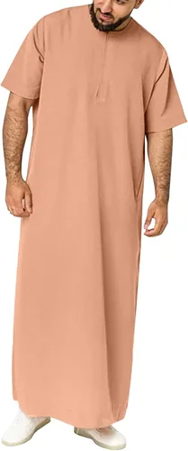 Vista 4 de Vestido largo de manga corta con cuello redondo para hombre, estilo musulmán, estilo casual, ligero, transpirable, grande y alto, ropa étnica