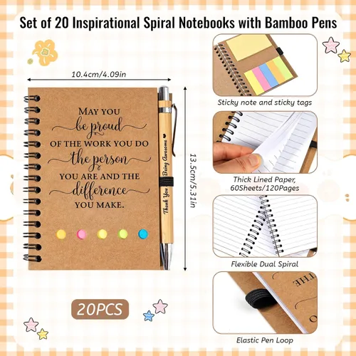 Vista 2 de 20 juegos de regalos de agradecimiento a los empleados, cuaderno inspirador en espiral con notas adhesivas, bolígrafo de bambú motivacional, regalos