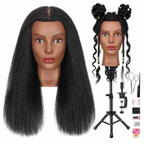 Vista 16 de Cabeza de maniquí de cabello humano, 80% cabello real, maniquí para cosmetología, con soporte de trípode para práctica de peinado, trenzado y Ámbar