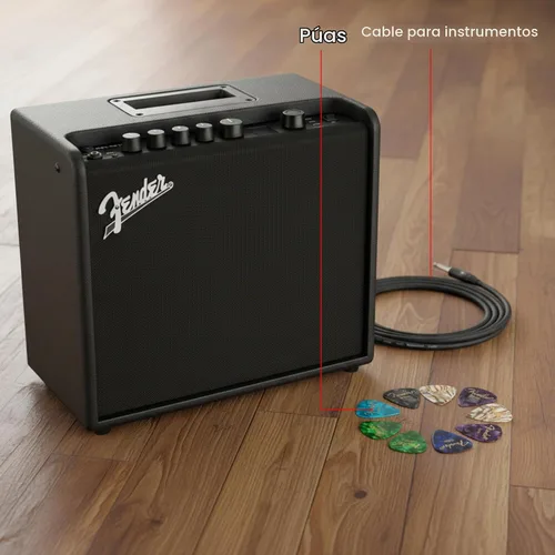 Vista 2 de Fender Mustang LT25 - Amplificador combinado de guitarra con cable y paquete exclusivo de púas de 12 piezas de Austin Bazaar