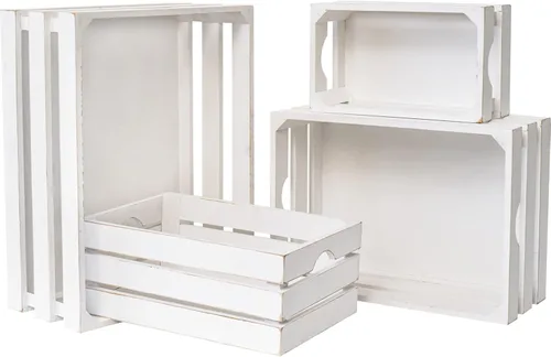 Vista 11 de Juego de 4 cajas de madera grandes decorativas con asas, cajas rústicas de madera de granja marrón para exhibición, organizador de cestas