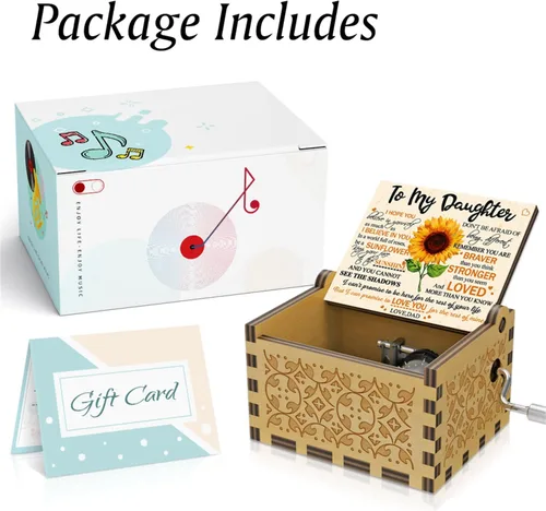 Vista 5 de BOOB Caja de música de madera con manivela grabada You are My Sunshine, regalo para hija de papá, mini caja de música de color girasol para Navidad