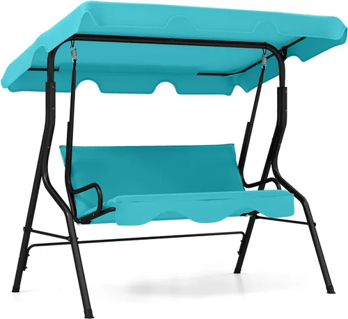 Vista 14 de RELAX4LIFE Silla columpio para porche para 3 personas, columpio para exteriores con toldo ajustable, cojín extraíble y soporte de marco de metal