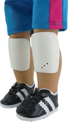 Vista 5 de American Fashion World Uniforme de fútbol rosa y azul para muñecas de 18 pulgadas Juego de 6 piezas Calidad premium y diseño moderno Ropa