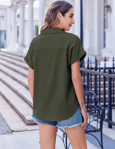 Vista 5 de Zeagoo Blusas de verano de manga corta para mujer, camisas casuales con botones, blusas de trabajo de negocios sólidas/a rayas