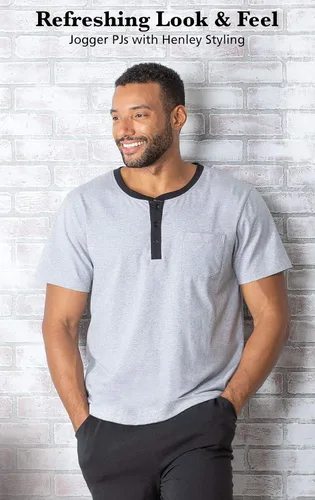 Vista 4 de PajamaGram Ringer Tee Men's Sleepwear - Men Pajamas Set, Henley Top & Joggers