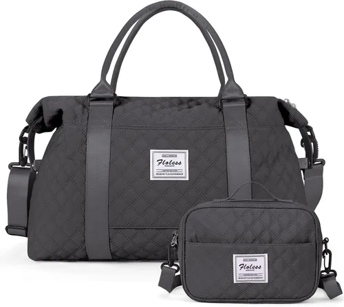 Vista 16 de Bolsas de lona de viaje, bolsa de fin de semana para mujer con bolsillo húmedo y bolsa de aseo personal, bolsa de viaje para gimnasio, Negro