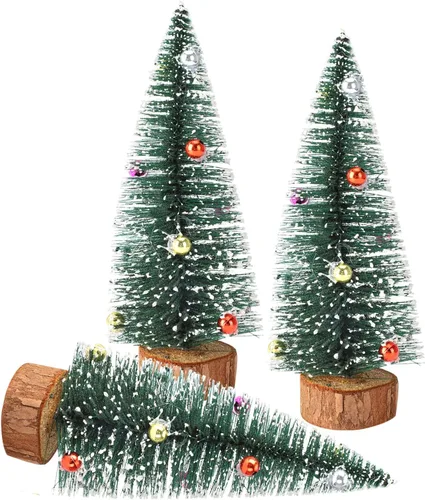 Vista 10 de 3 mini árboles de Navidad artificiales de sisal esmerilado de 5.9 pulgadas, árboles de cepillo para botellas con bases de madera y bolas de adornos