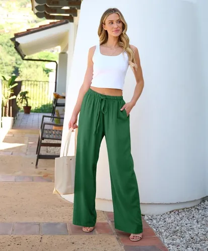 Vista 3 de PURPEARL Pantalones palazzo de lino de cintura alta y pierna ancha para mujer, pantalones casuales de verano con cordón y bolsillos