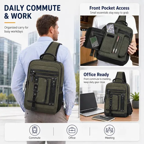 Vista 3 de Bolsa de mensajero para hombre, bolsa cruzada de lona, mochila cruzada, bolsa de hombro para laptop, senderismo, mochilas casuales tácticas