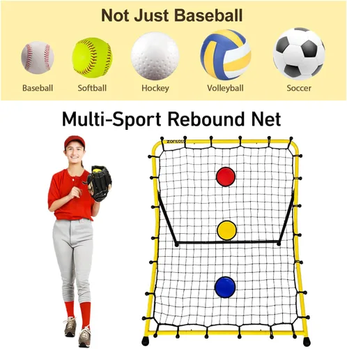 Vista 5 de zonlolo Red de rebote de béisbol y sóftbol con tres zonas de objetivo circular en rojo/amarillo/azul, entrenador de retorno de lanzamiento portátil