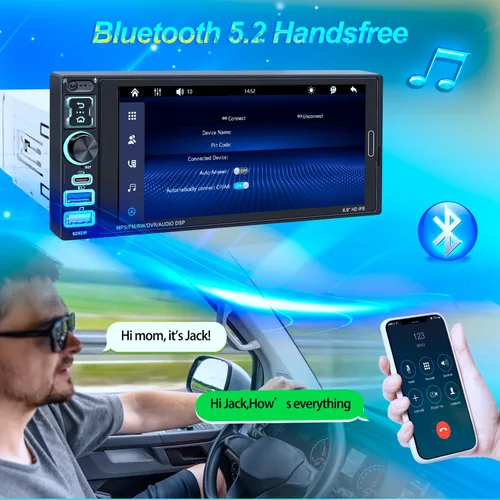 Vista 4 de Estéreo de coche de un solo DIN con Apple Carplay inalámbrico y Android Auto, radio IPS de 6.9 pulgadas con pantalla táctil Bluetooth 5.2, control