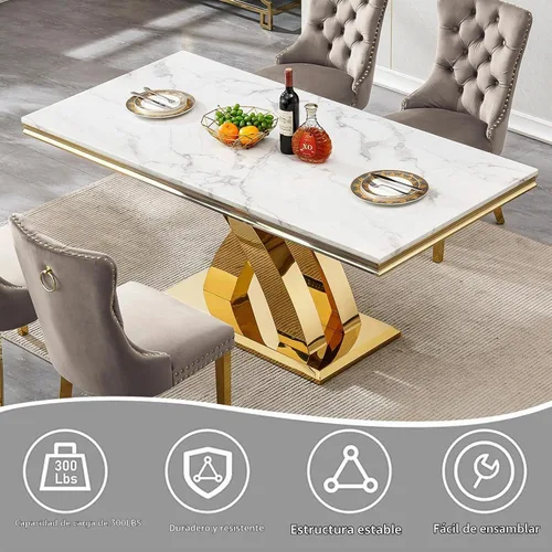 Vista 6 de Juego de mesa de comedor moderna de mármol sintético de oro blanco de 68 pulgadas para 6, juego de mesa rectangular de 7 piezas con patas de acero