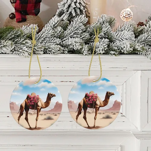 Vista 9 de Un hermoso colgante de cerámica redondo de camello con agujero y cuerda dorada para Navidad y Año Nuevo colgante decoración en casa