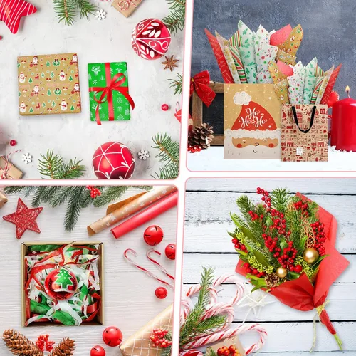 Vista 4 de AORZIT 120 hojas de papel de seda de Navidad, 12 diseños de papel de regalo con patrón de Navidad para bolsas de regalo, botellas de vino Navidad 90C