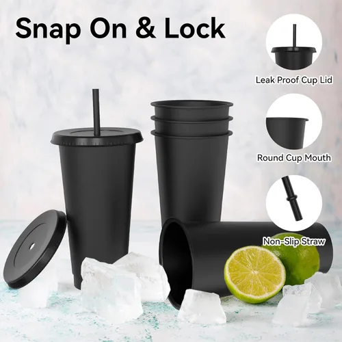 Vista 3 de Vasos de plástico de 24 onzas con tapas y pitillos, tazas de café helado resistentes y seguras para alimentos con tapa, vaso de plástico Negro