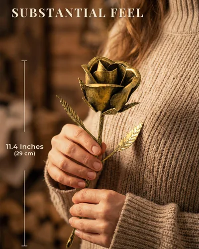 Vista 5 de Rosa de bronce hecha a mano, regalo de boda del 8 y 19 aniversario para esposa, recuerdo de flores de metal sólido, regalo de aniversario de boda