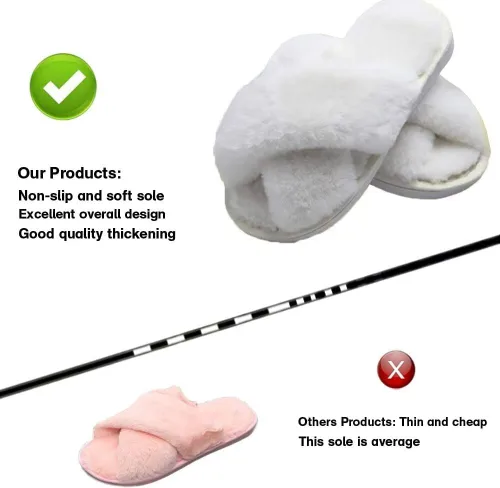 Vista 6 de LightFun Pantuflas peludas y peludas para niña, chancletas de piel con punta abierta, sandalias de banda cruzada para niñas, hogar, interior y Beige
