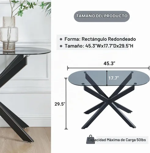 Vista 2 de Moderna mesa consola ovalada de vidrio, mesa de sofá estrecha para entrada, entrada, sala de estar, vestíbulo, pasillo, oficina, 45 pulgadas de Negro