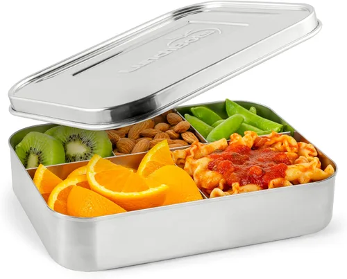 Vista 17 de LunchBots Recipiente de Almuerzo Grande Trio de Acero Inoxidable - Diseño de Tres Secciones para Sándwich y Dos Acompañamientos - Caja de Almuerzo
