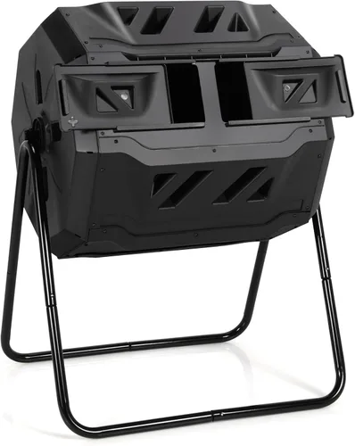 Vista 10 de Goplus Contenedor de compostaje, vaso de compostaje de doble cámara de 34.5 galones con 2 cámaras giratorias, puertas corredizas, compostador
