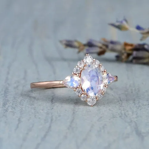 Vista 3 de Anillo de compromiso chapado en oro rosa de 18 quilates con piedra lunar y arcoíris, para mujer, anillo de compromiso con diamantes de imitación