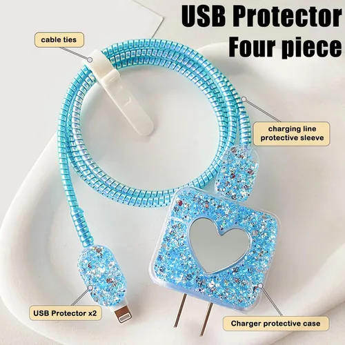 Vista 2 de Bling - Protector de cable para Apple iPhone con espejo, bonito diseño de corazón de amor, funda USB para línea de datos, protector de cargador