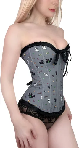 Vista 2 de Littleforbig Top para mujer con cordones deshuesados Overbust corsé Bustier Bodyshaper - Patrón de murciélago de azúcar