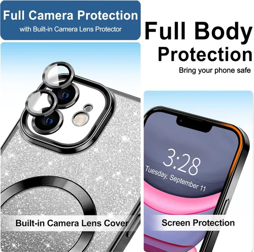 Vista 3 de Hython Funda para iPhone 11 Transparente Magnética con Purpurina [Compatible con MagSafe] Protector Completo de Lente de Cámara Delgado Degradado