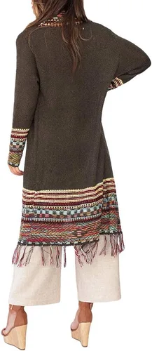 Vista 4 de Misassy Cárdigan largo bohemio con frente abierto para mujer, suéter suelto de manga larga con borlas bordadas, kimono, plumero para exteriores