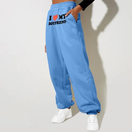 Vista 3 de I Love My Boyfriend - Pantalones deportivos para mujer, de cintura alta, casuales, holgados, con cintura elástica, pantalones de forro polar