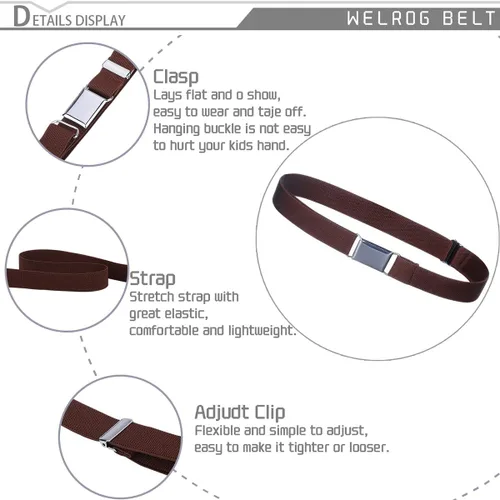 Vista 3 de WELROG Cinturón de hebilla ajustable para niños pequeños, cinturones elásticos con hebilla plateada para niñas y niños Negro / Café