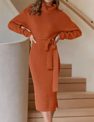Vista 58 de ZESICA - Vestido por debajo de la rodilla de suéter, de cuello alto, para mujer, de manga larga, de punto acanalado, con abertura y cinturón