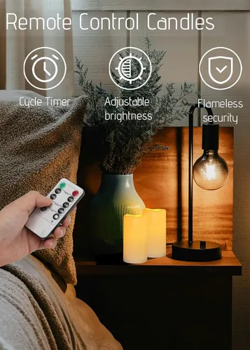Vista 2 de Velas sin llama impermeables con control remoto 2PACK (D3''*H5.5'') Vela de pilar LED parpadeante que funciona con pilas, de plástico con Paquete