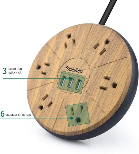 Vista 2 de Regleta protectora contra sobretensiones, 6 salidas de CA con 3 puertos USB, estación de carga, cable de extensión largo, enchufe plano de ángulo