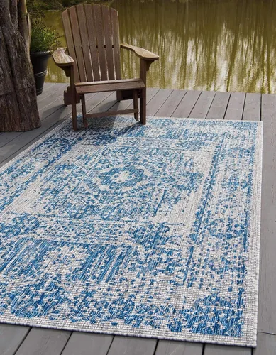 Vista 22 de Unique Loom Alfombra de la colección tradicional para exteriores, desgastada durante el tiempo (octágono de 5 pies y 3 pulgadas, azul/gris)